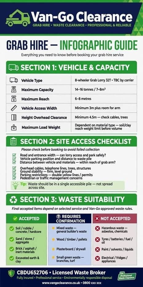 Grab hire guide. Vehicle and capacity: 8-wheeler grab lorry, 32 tonnes gross, confirmed by the carrier; maximum capacity 14 to 16 tonnes or 7 to 8 cubic metres; maximum reach 6 to 8 metres; vehicle access width minimum 3 metres plus room for the arm; overhead clearance minimum 4.5 metres, check cables and trees; maximum load weight depends on the material, as soil and clay reach the weight limit before the volume. The site access checklist and waste suitability lists it also shows are set out as text further down this page.